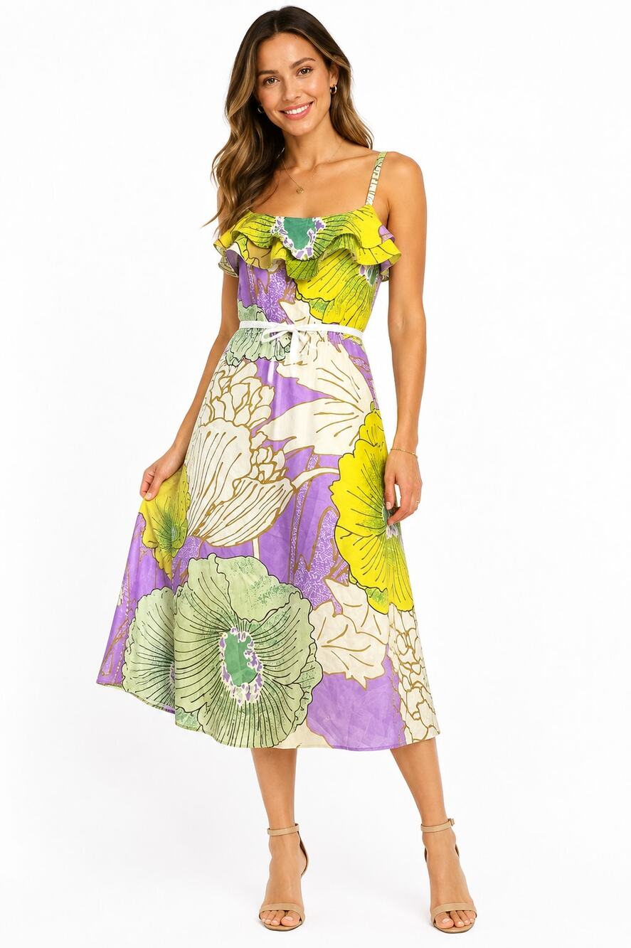 Anthropologie Maeve 100% Silk Floral Midi Dress Ruffle Strap Wedding Guest Sz 4
